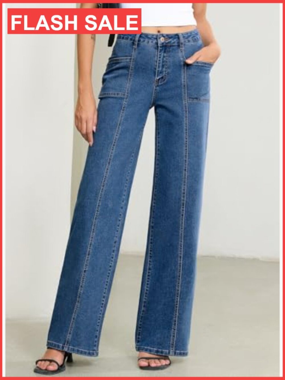 High Waisted Wide Leg Jeans Stretchy Baggy Denim Pants - Picture 4 of 7